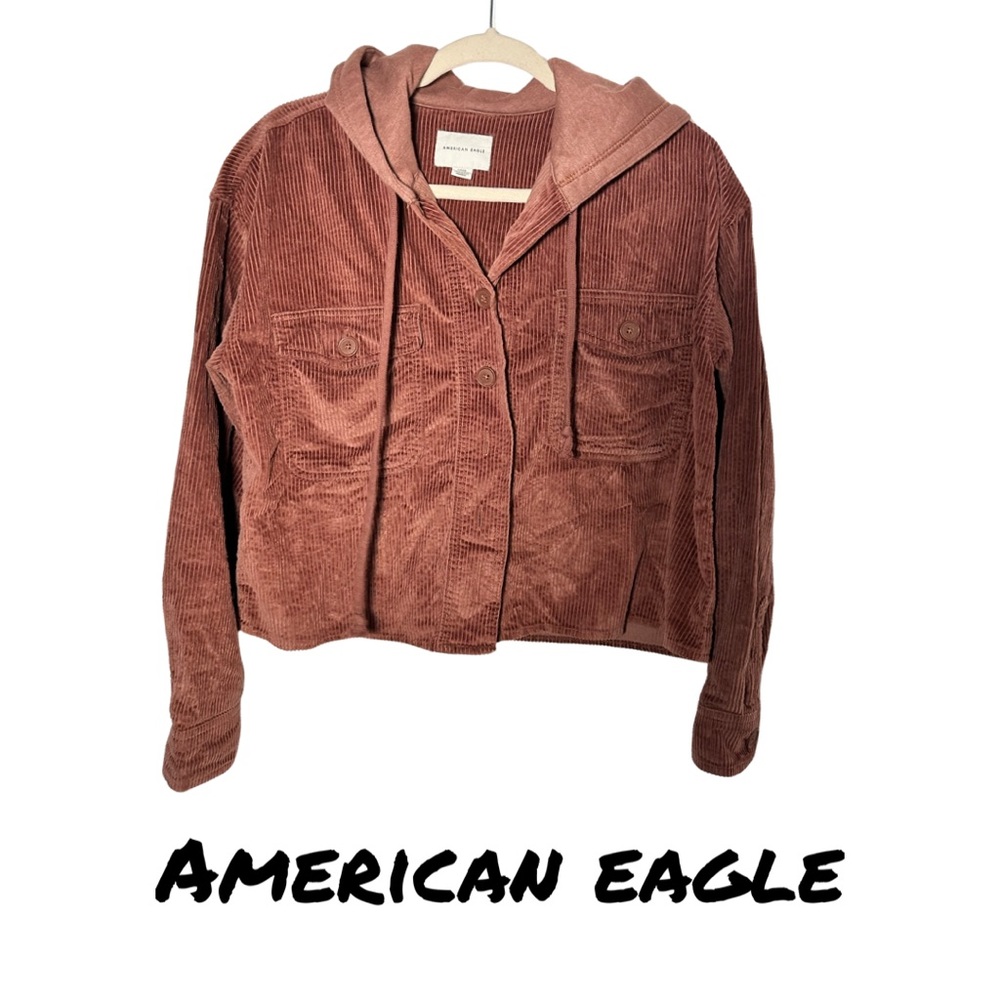 🦅🎁American Eagle🦅‎ cropped corduroy jacket w hoodie small mauve/brown - EUC🍁